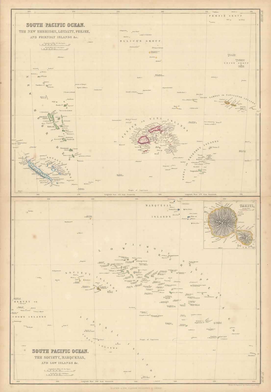 South Pacific Islands. New Hebrides Loyalty Fiji Friendly Polynesia 1860 map
