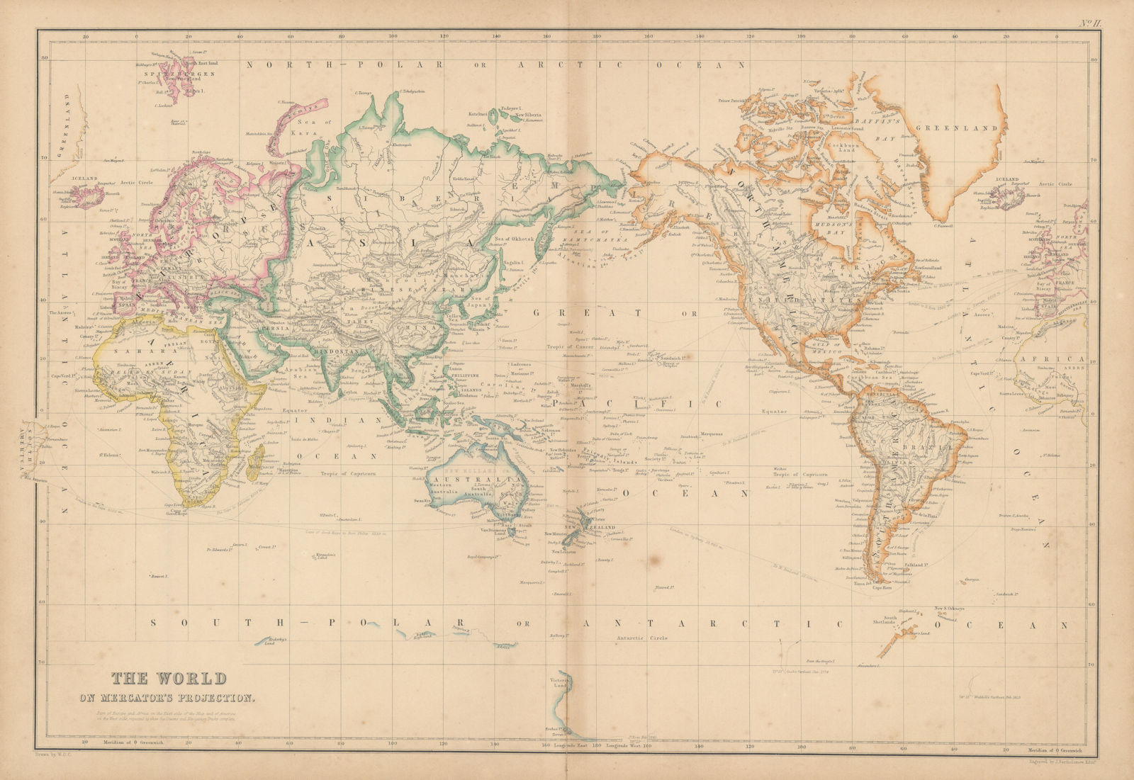 The World on Mercator's Projection by John Bartholomew 1860 old antique map