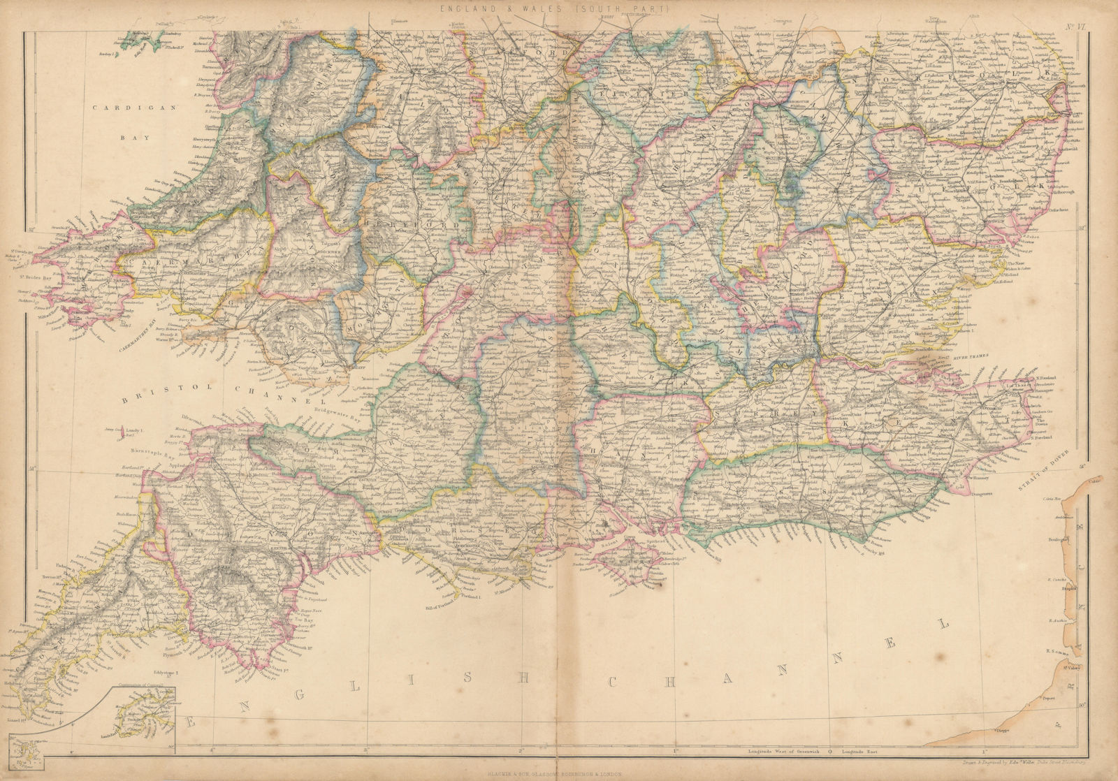 England and Wales (South Part) by Edward Weller 1860 old antique map chart