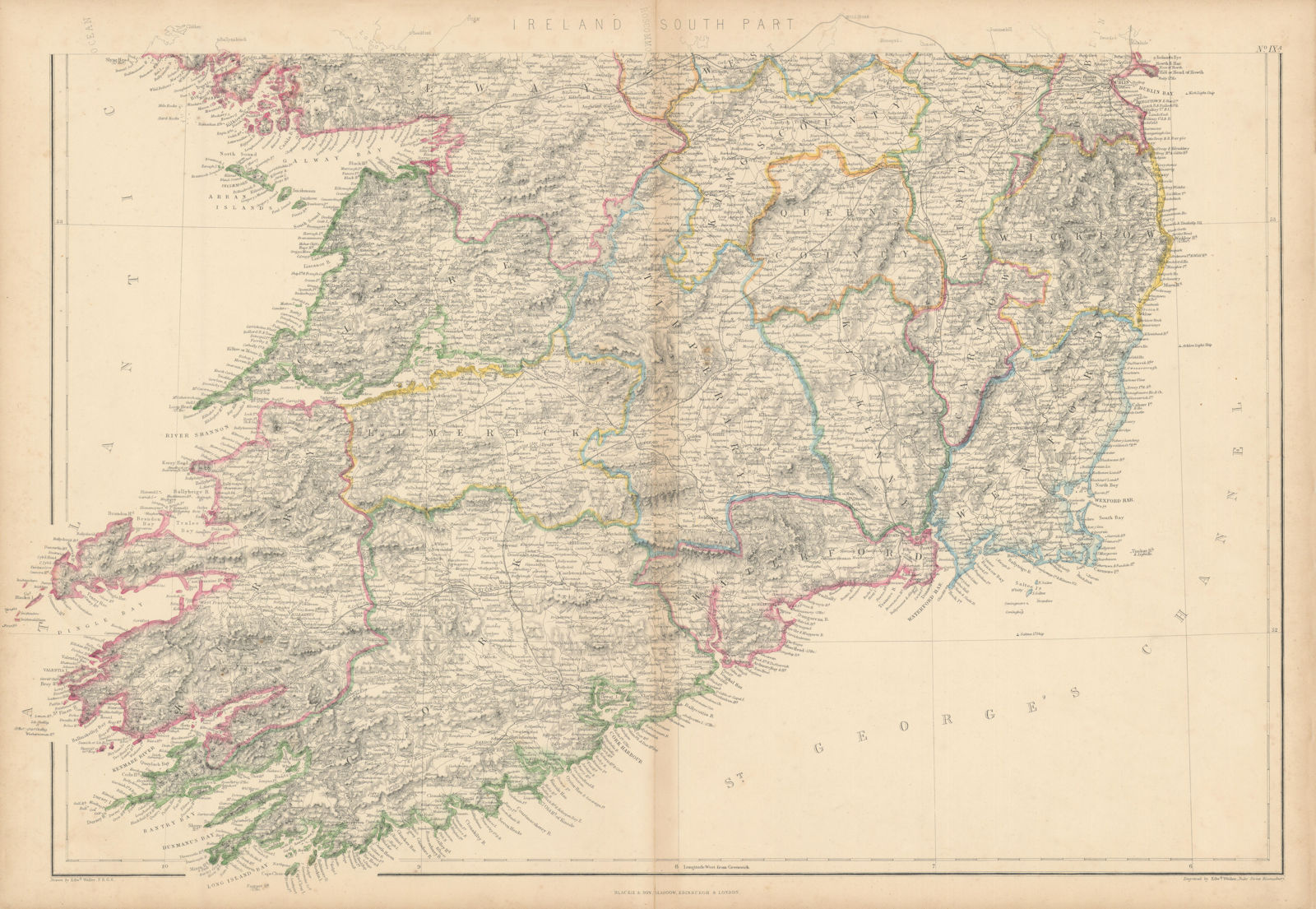 Ireland (South Part) by Edward Weller. Munster 1860 old antique map plan chart