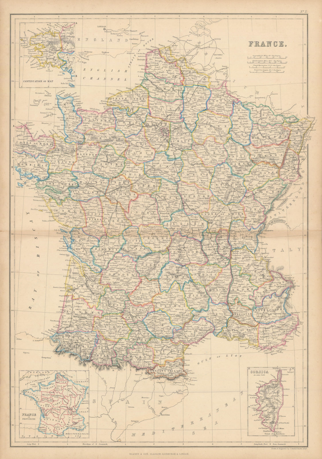 France in Departments by John Bartholomew. With Savoy/Savoie & Nice 1860 map