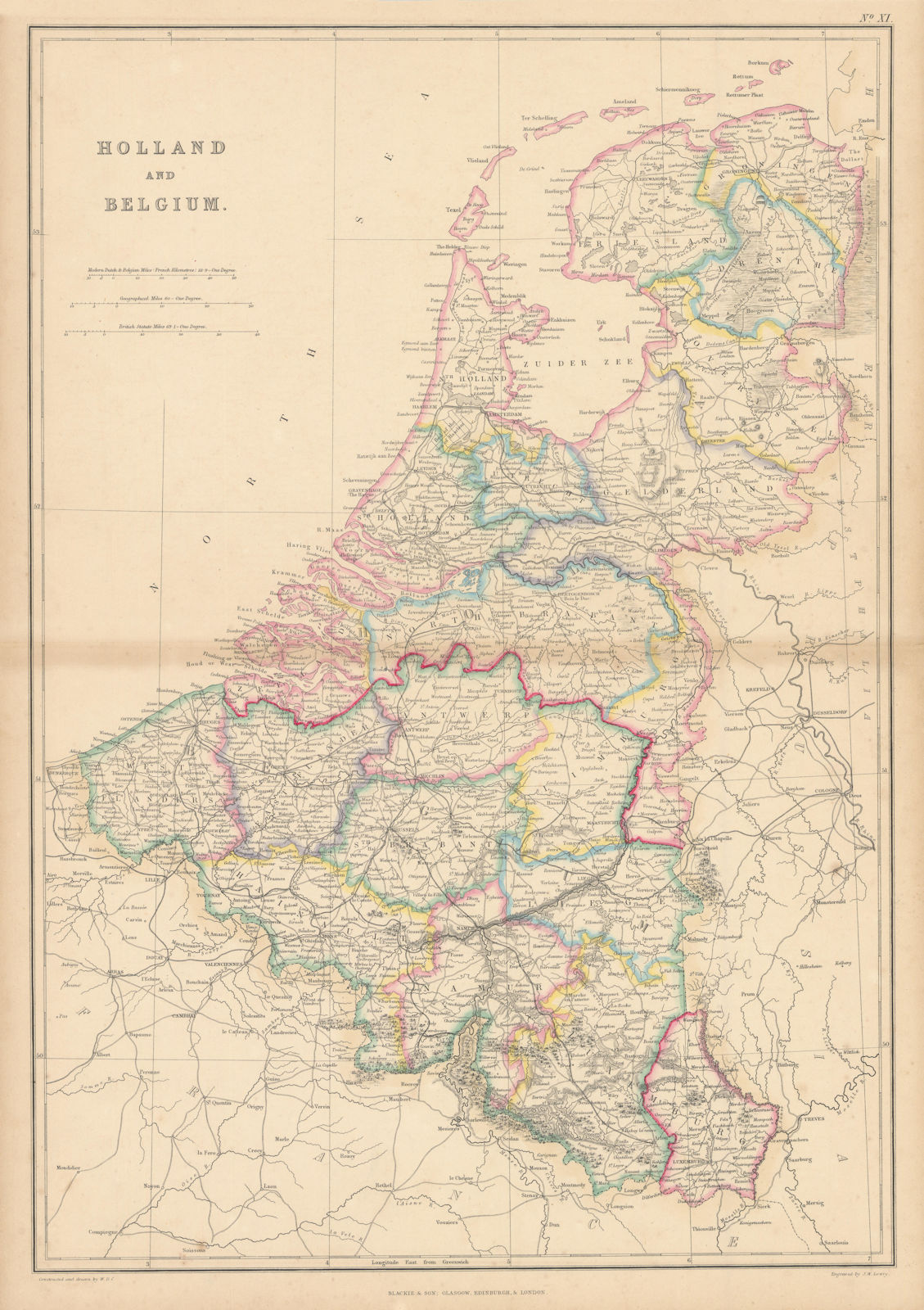 Holland and Belgium by Joseph Wilson Lowry. Netherlands 1860 old antique map