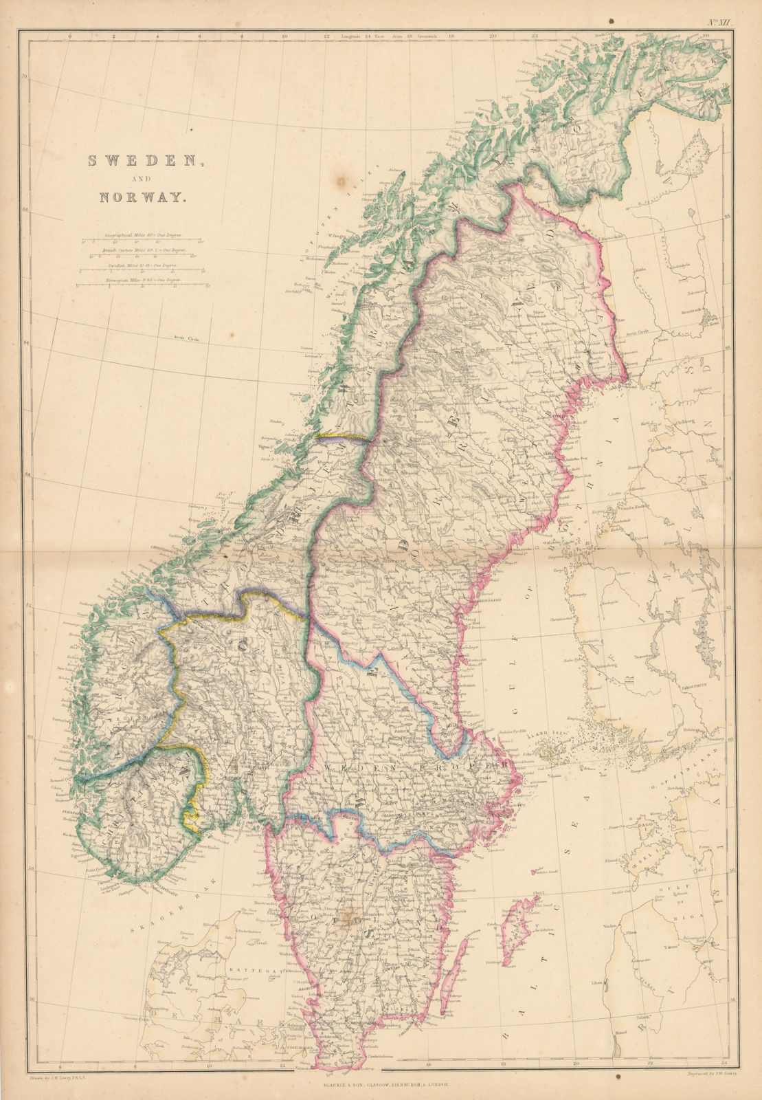 Sweden and Norway in provinces by Joseph Wilson Lowry 1860 old antique map