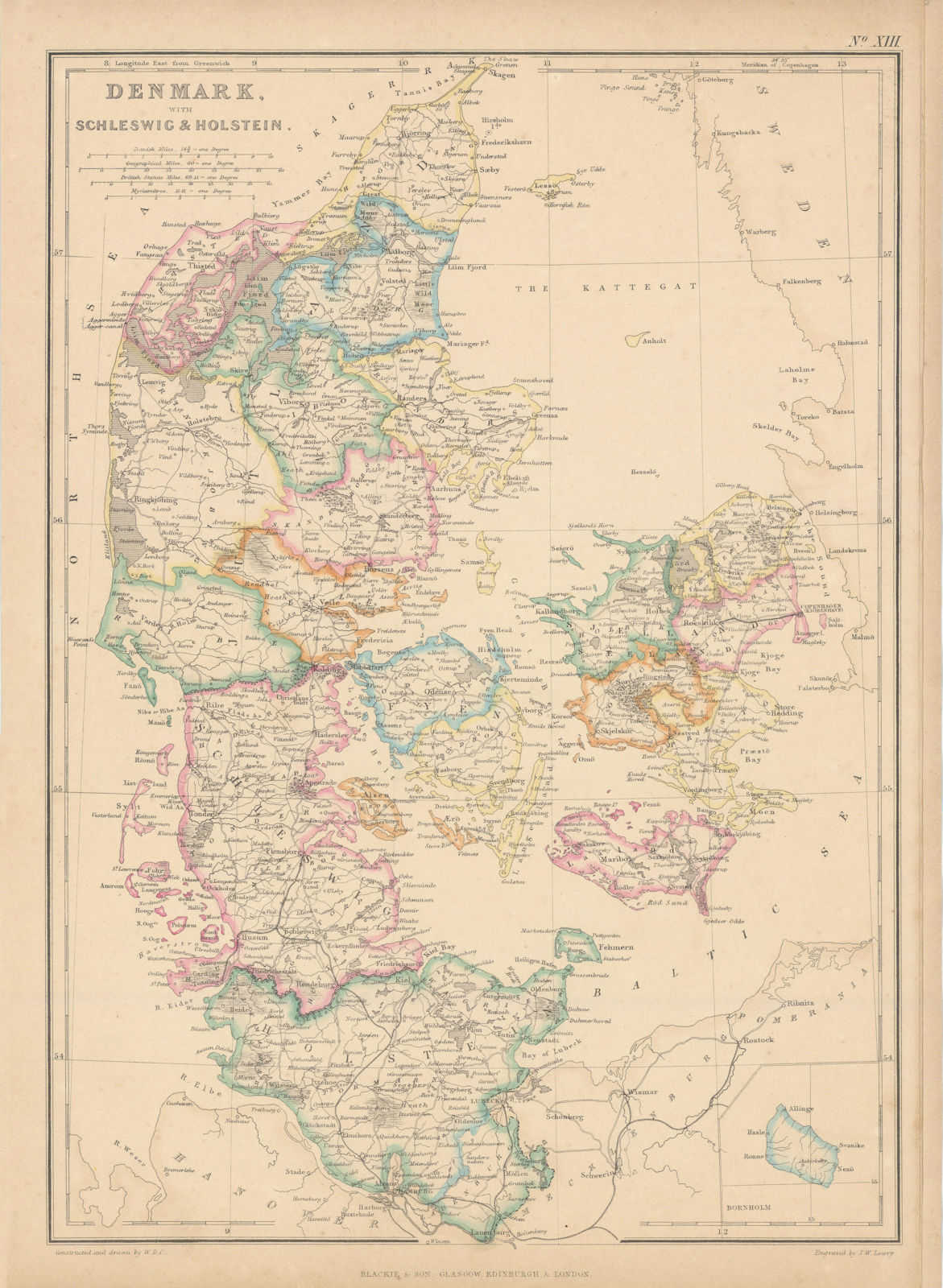 Denmark, with Schleswig & Holstein by Joseph Wilson Lowry 1860 old antique map