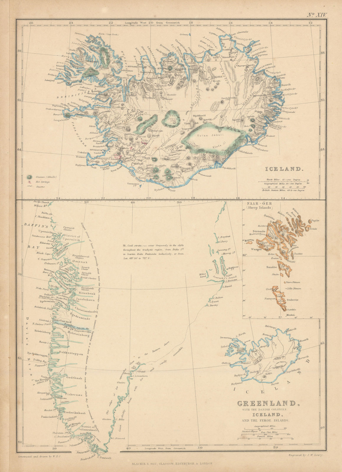 Iceland w/ glaciers. Greenland w/ Danish Colonies. Faroe Islands. LOWRY 1860 map