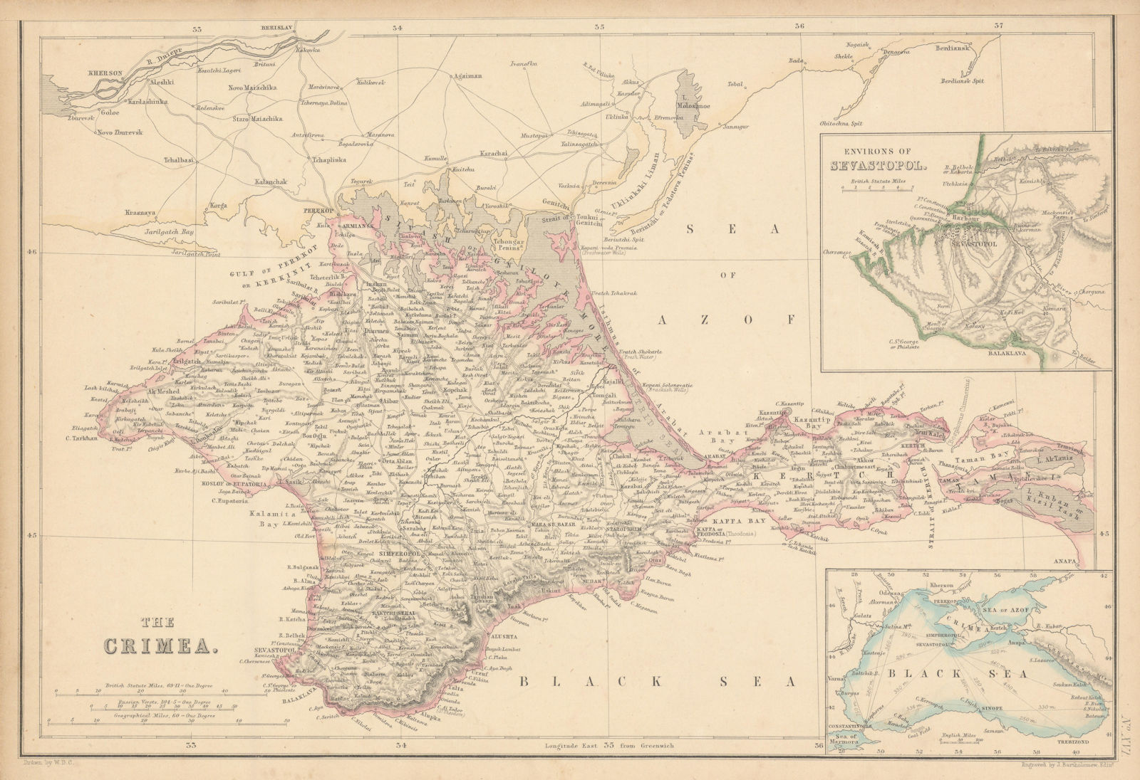 The Crimea & Sevastopol environs by John Bartholomew 1860 old antique map