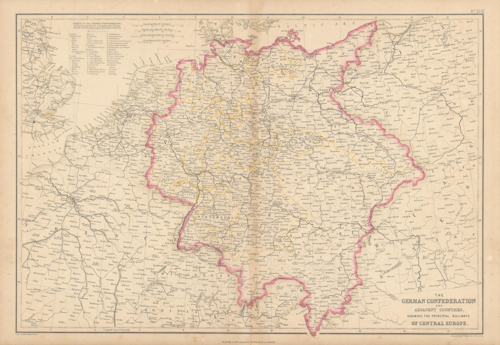 German Confederation & Central Europe railways. WELLER 1860 old antique map