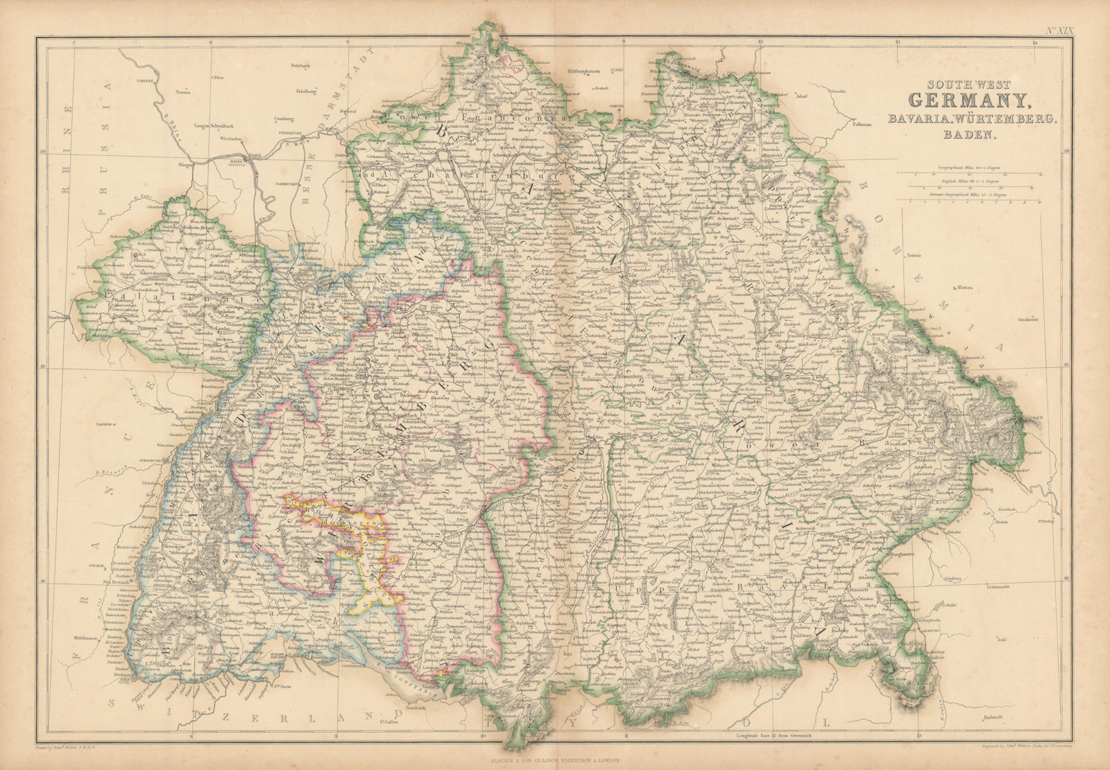 South-West Germany, Bavaria, Würtemberg & Baden. Bayern. WELLER 1860 old map