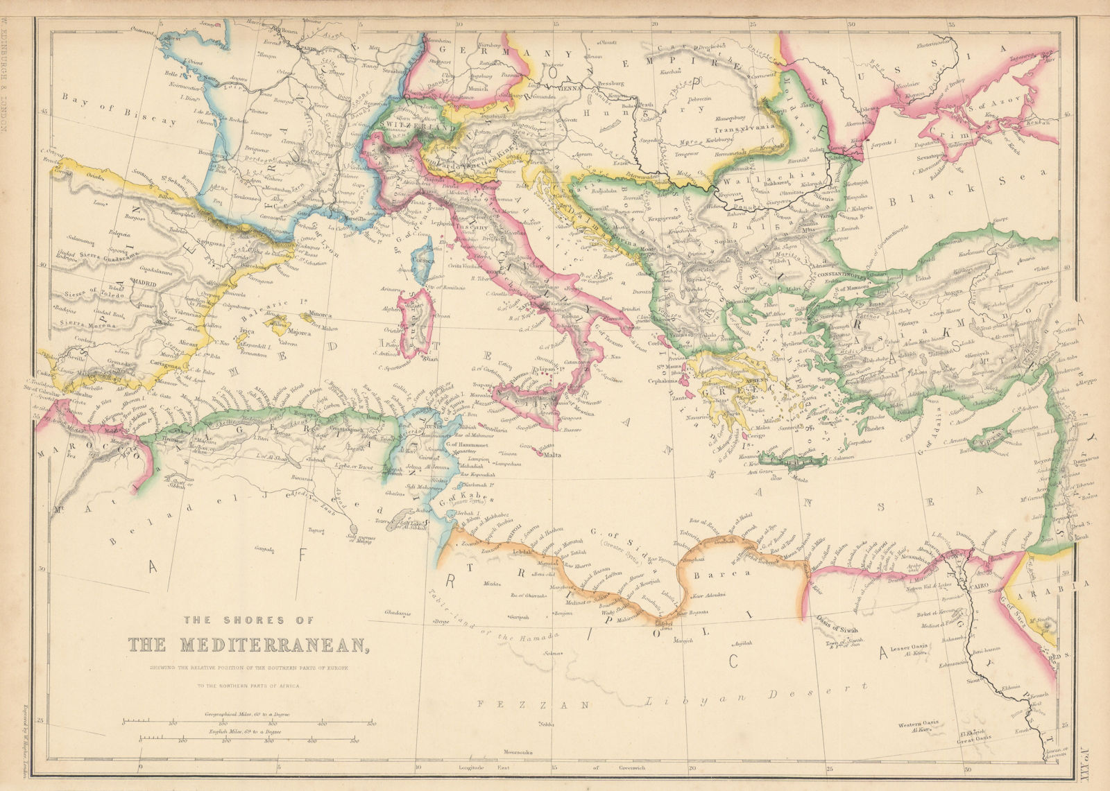 The Shores of the Mediterranean Sea. HUGHES 1860 old antique map plan chart