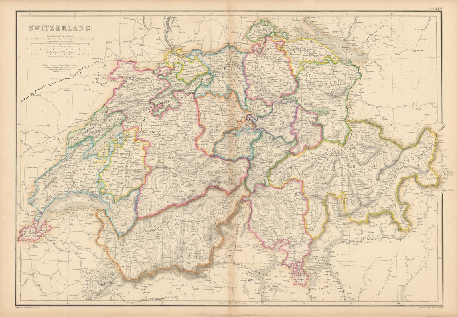 Switzerland in cantons by William Hughes. Glaciers 1860 old antique map chart