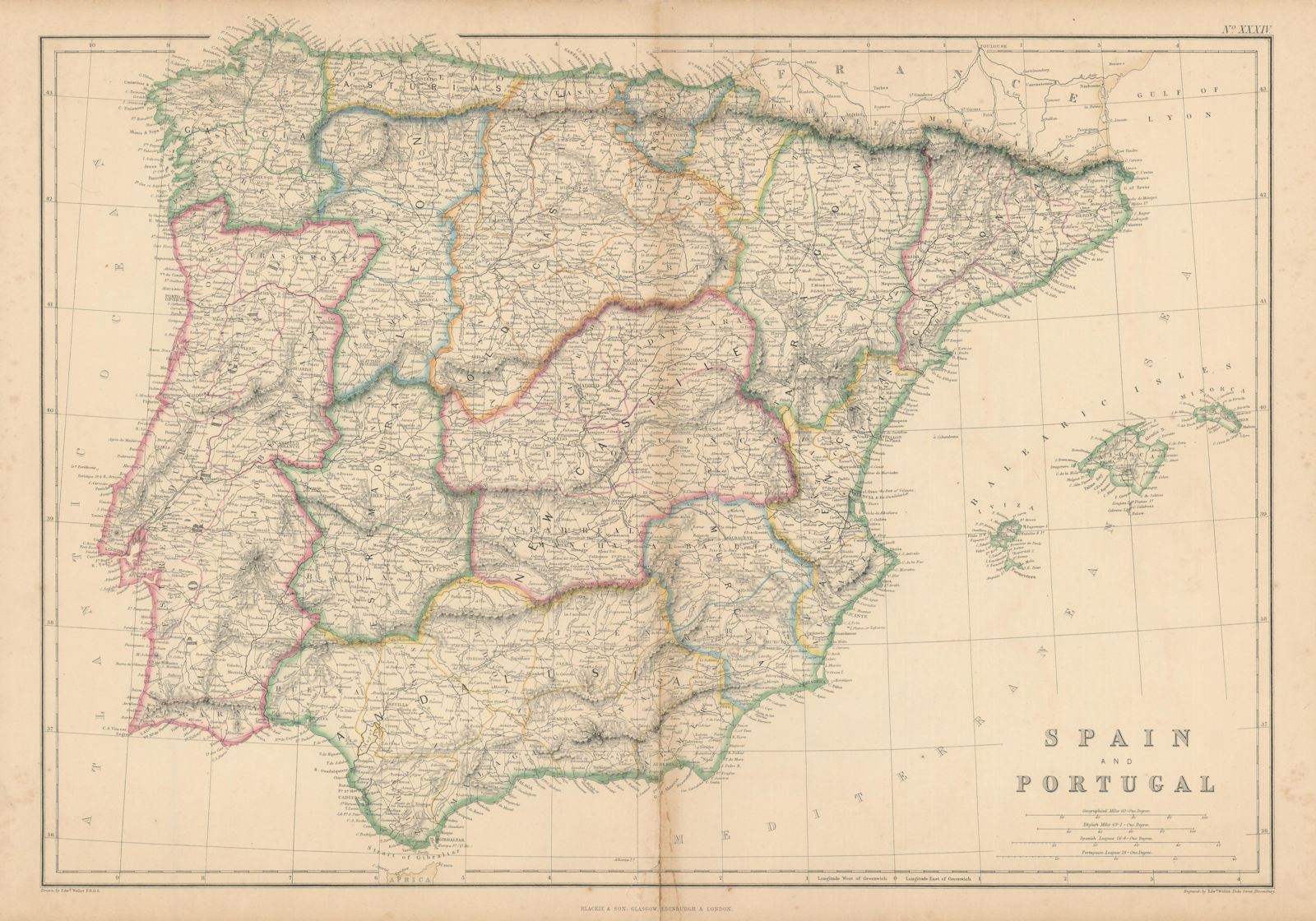 Spain and Portugal by Edward Weller. Iberia 1860 old antique map plan chart