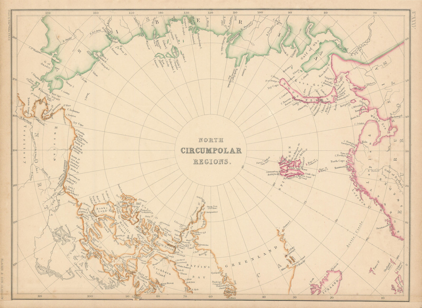 North Circumpolar Regions. North Pole Arctic by Edward Weller 1860 old map