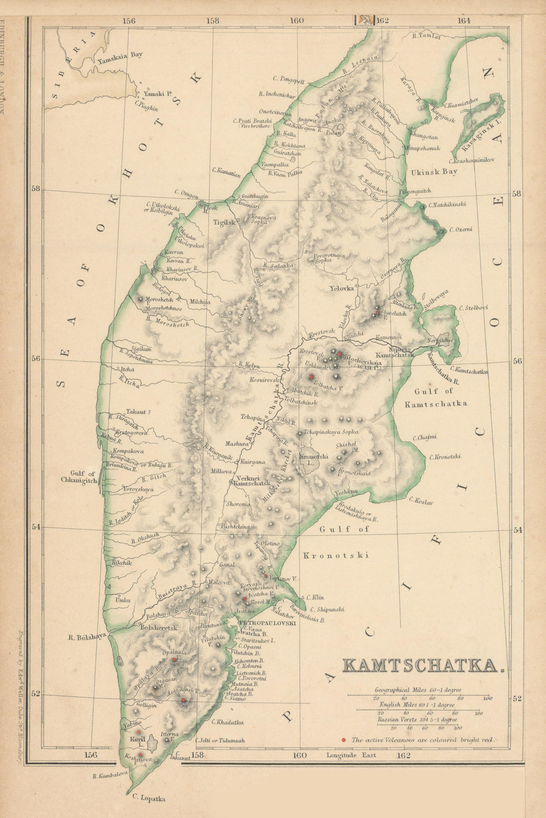 Kamchatka 'Kamtschatka' showing active volcanoes. WELLER 1860 old antique map