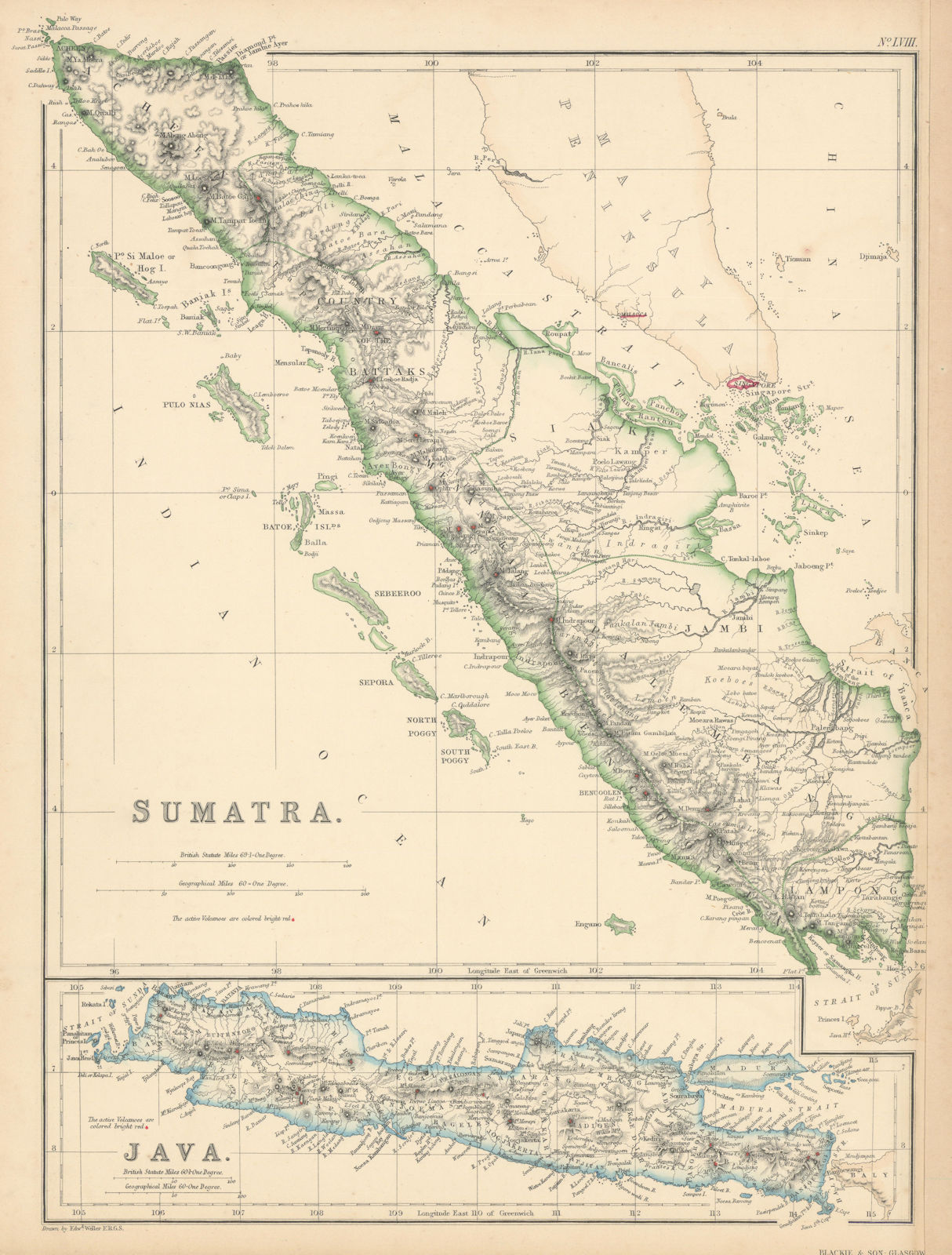 Sumatra & Java showing volcanoes by Edward Weller. Indonesia 1860 old map