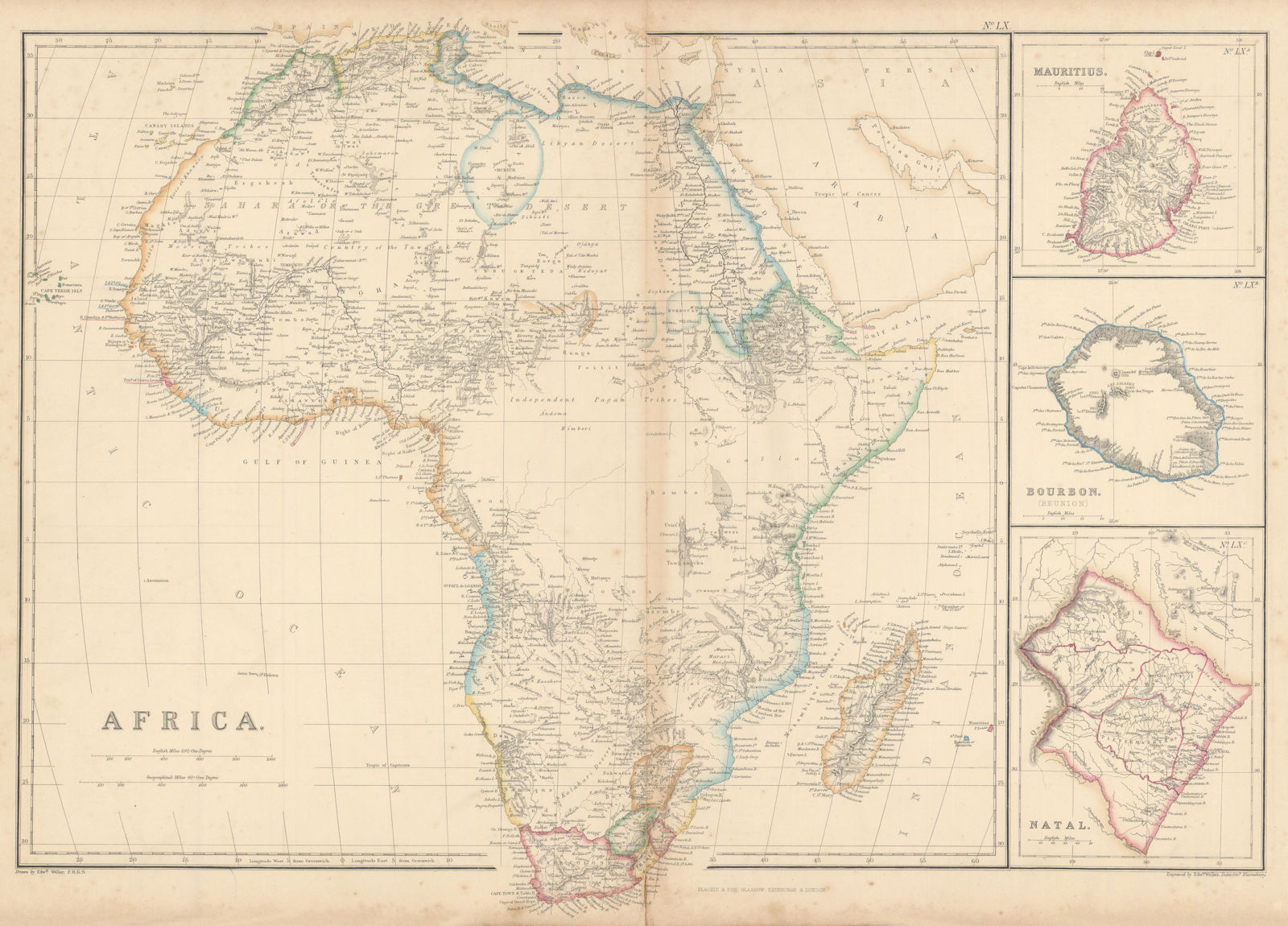 Africa. Mauritius, Bourbon (Reunion) & Natal by Edward Weller 1860 old map