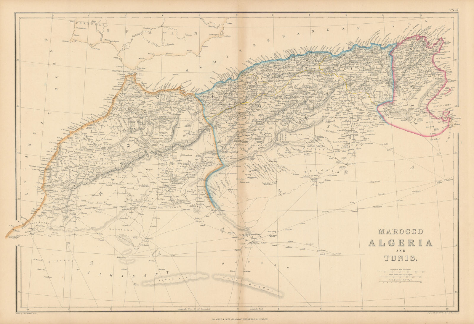 Marocco, Algeria and Tunis by Edward Weller. Morocco Maghreb 1860 old map