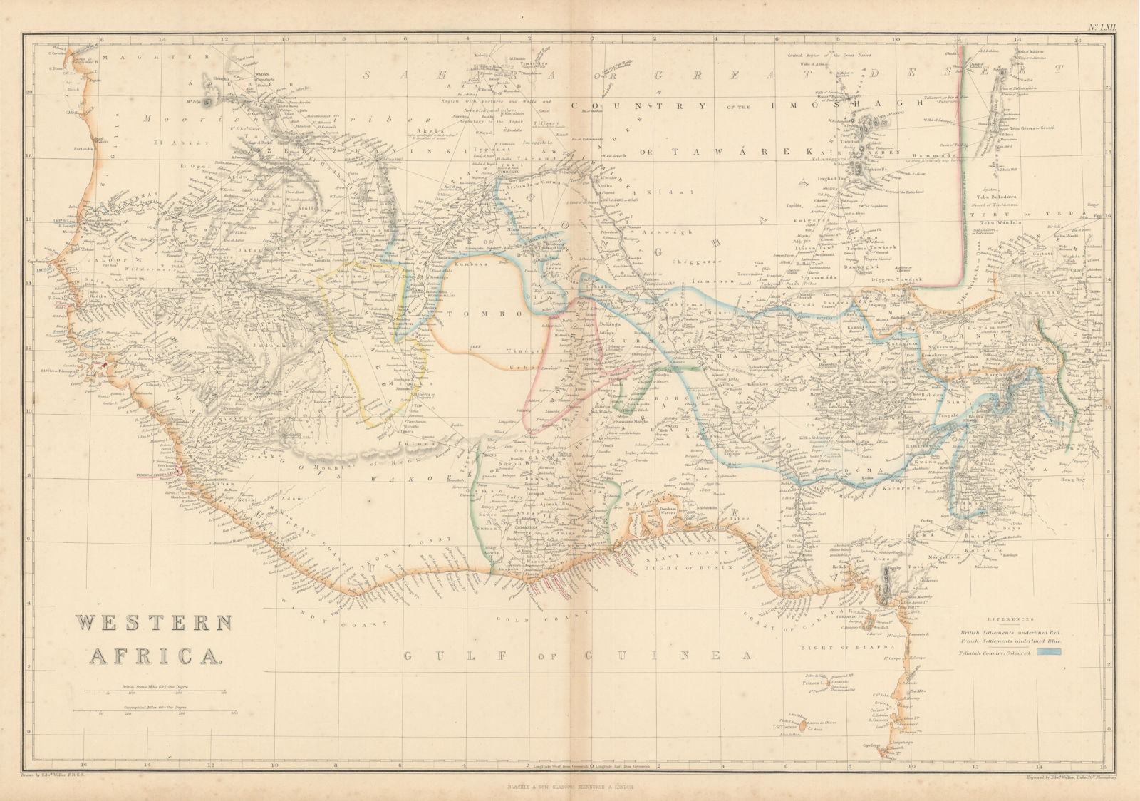 Western Africa by Edward Weller. Early British/French settlements 1860 old map