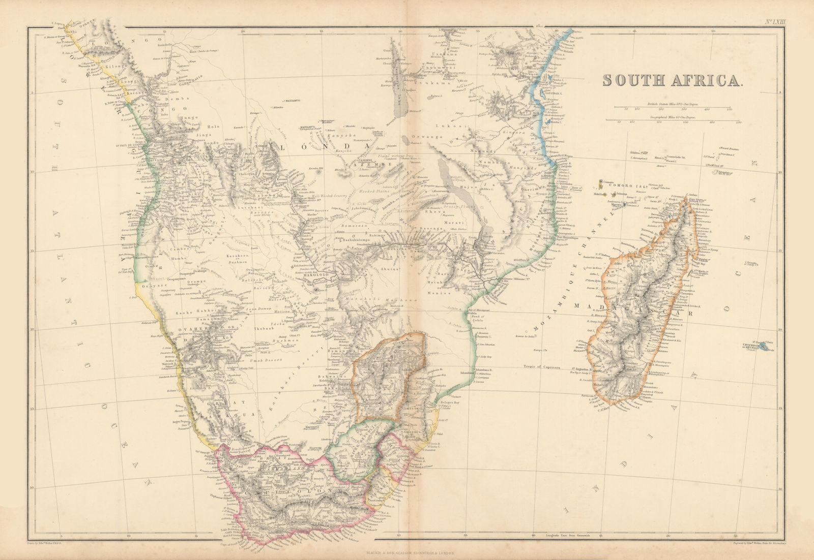 Southern Africa & Madagascar by Edward Weller 1860 old antique map plan chart