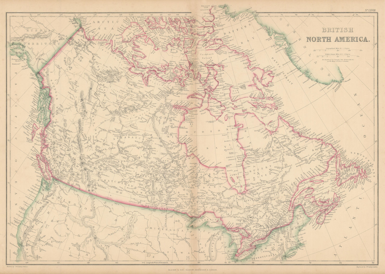 British North America by Joseph Wilson Lowry. Canada 1860 old antique map