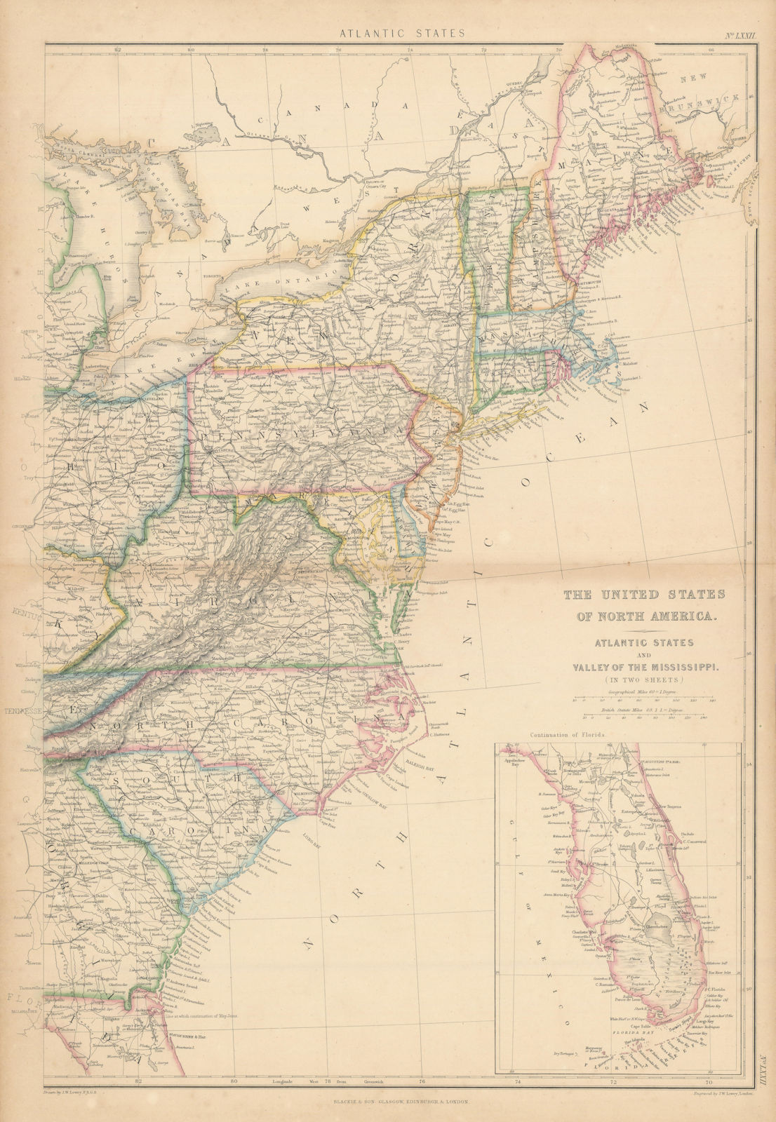 The United States of North America. USA Atlantic States. LOWRY 1860 old map