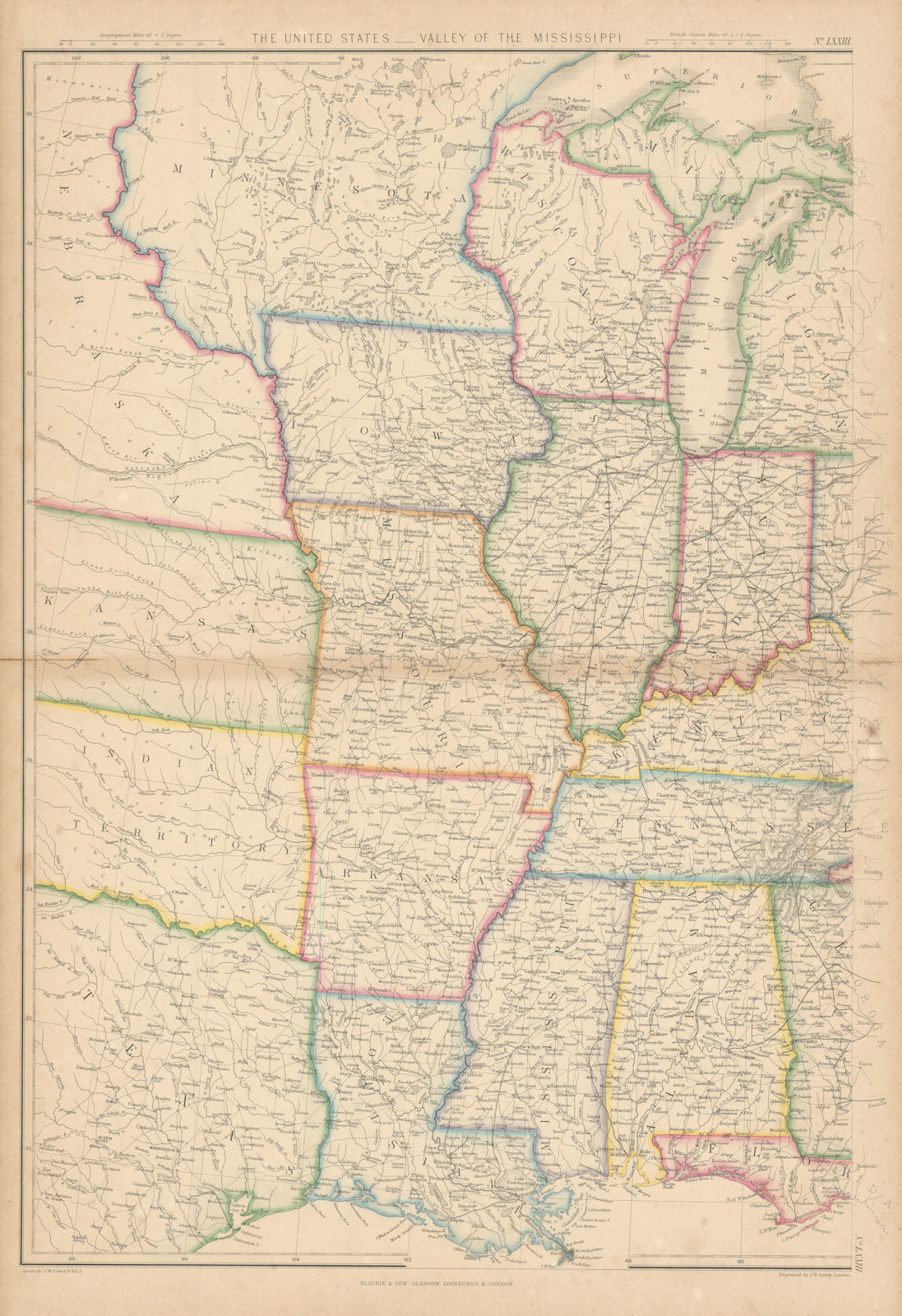 United States - Valley of the Mississippi by Joseph Wilson Lowry. USA 1860 map