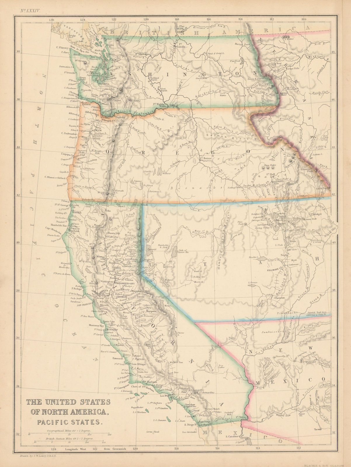 United States of North America, Pacific States by Joseph Wilson Lowry 1860 map