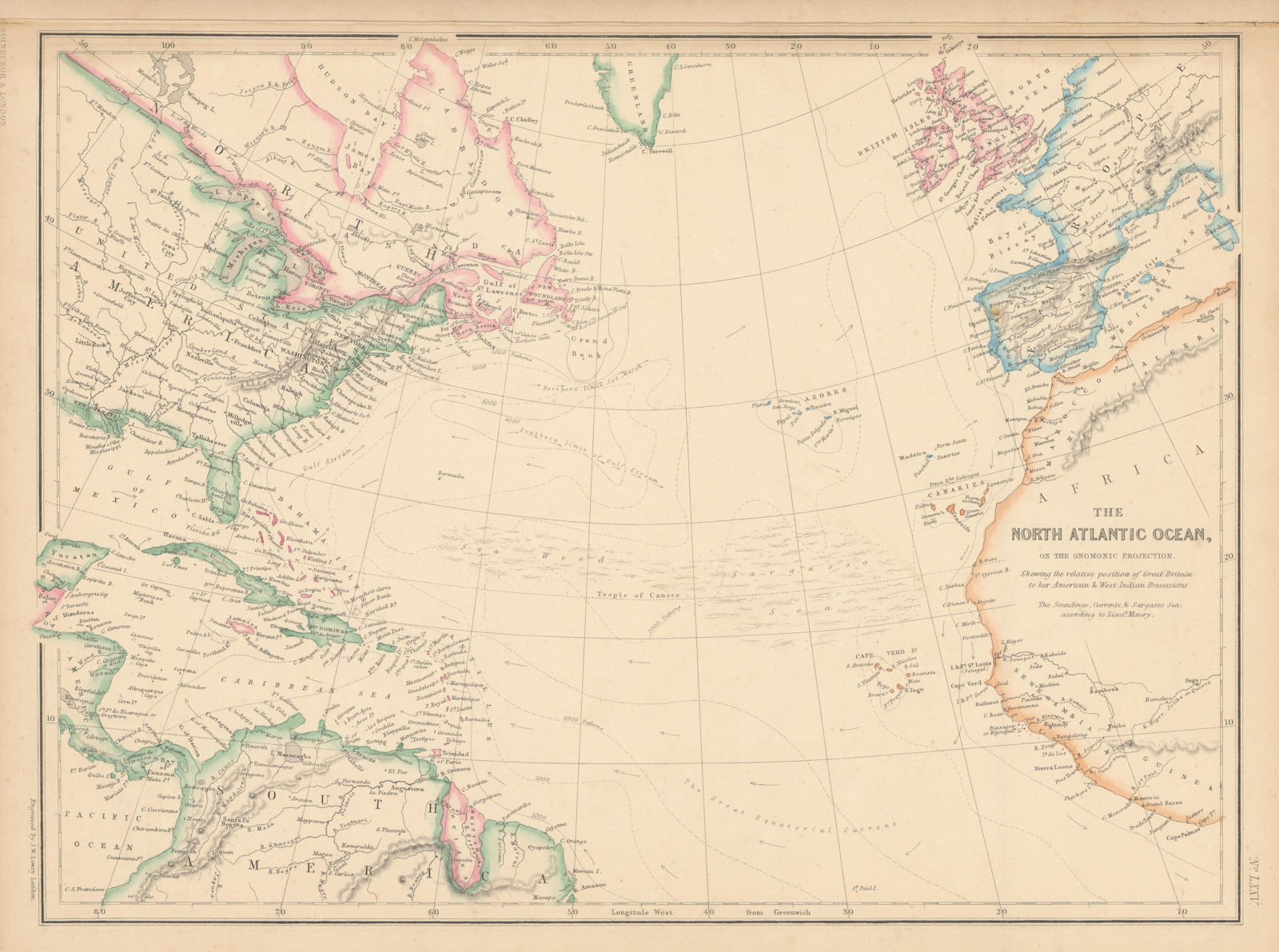 North Atlantic Ocean showing Gulf Stream, currents & Sargasso Sea LOWRY 1860 map