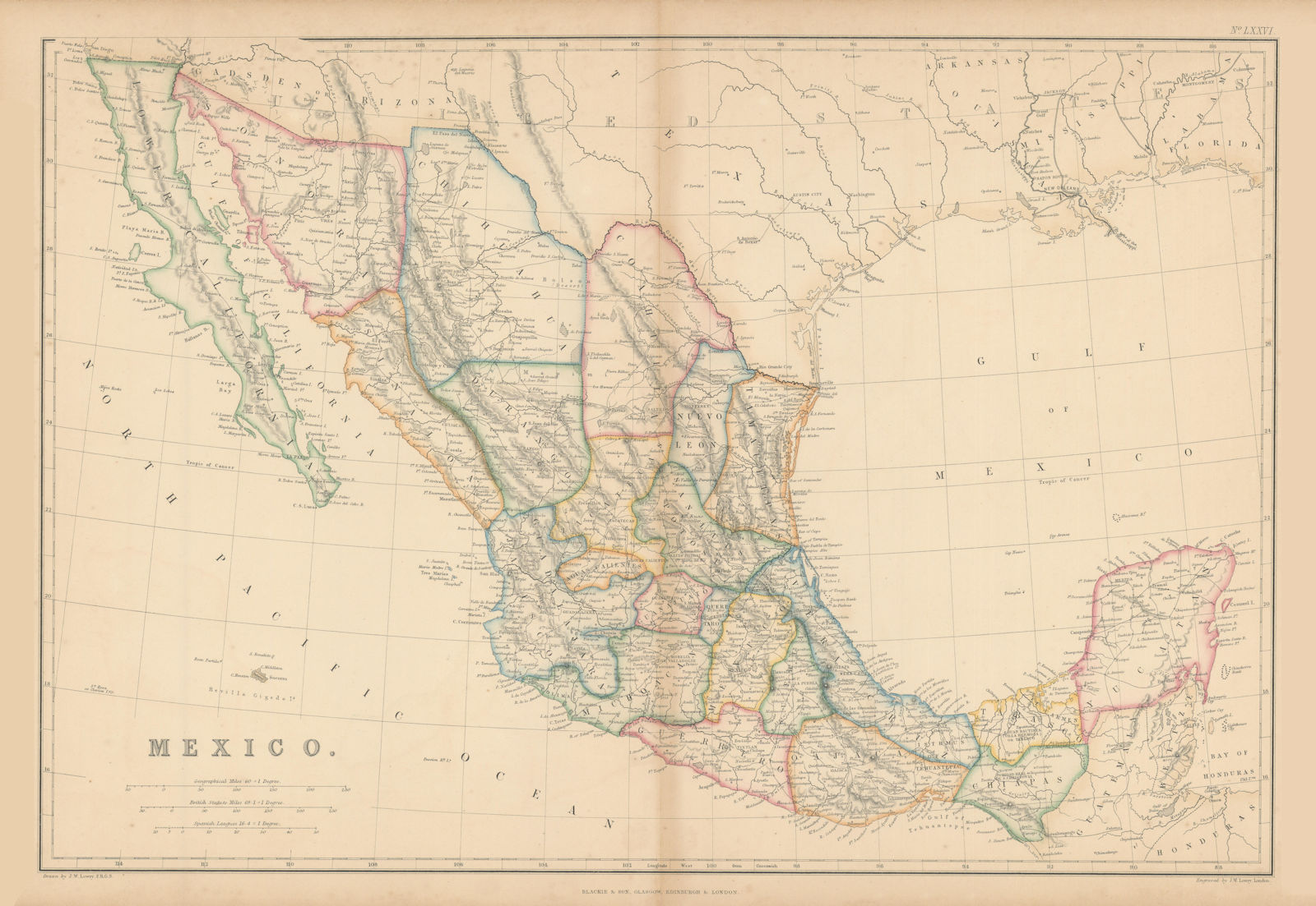 Mexico by Joseph Wilson Lowry showing "Gadsden or Arizona" 1860 old map