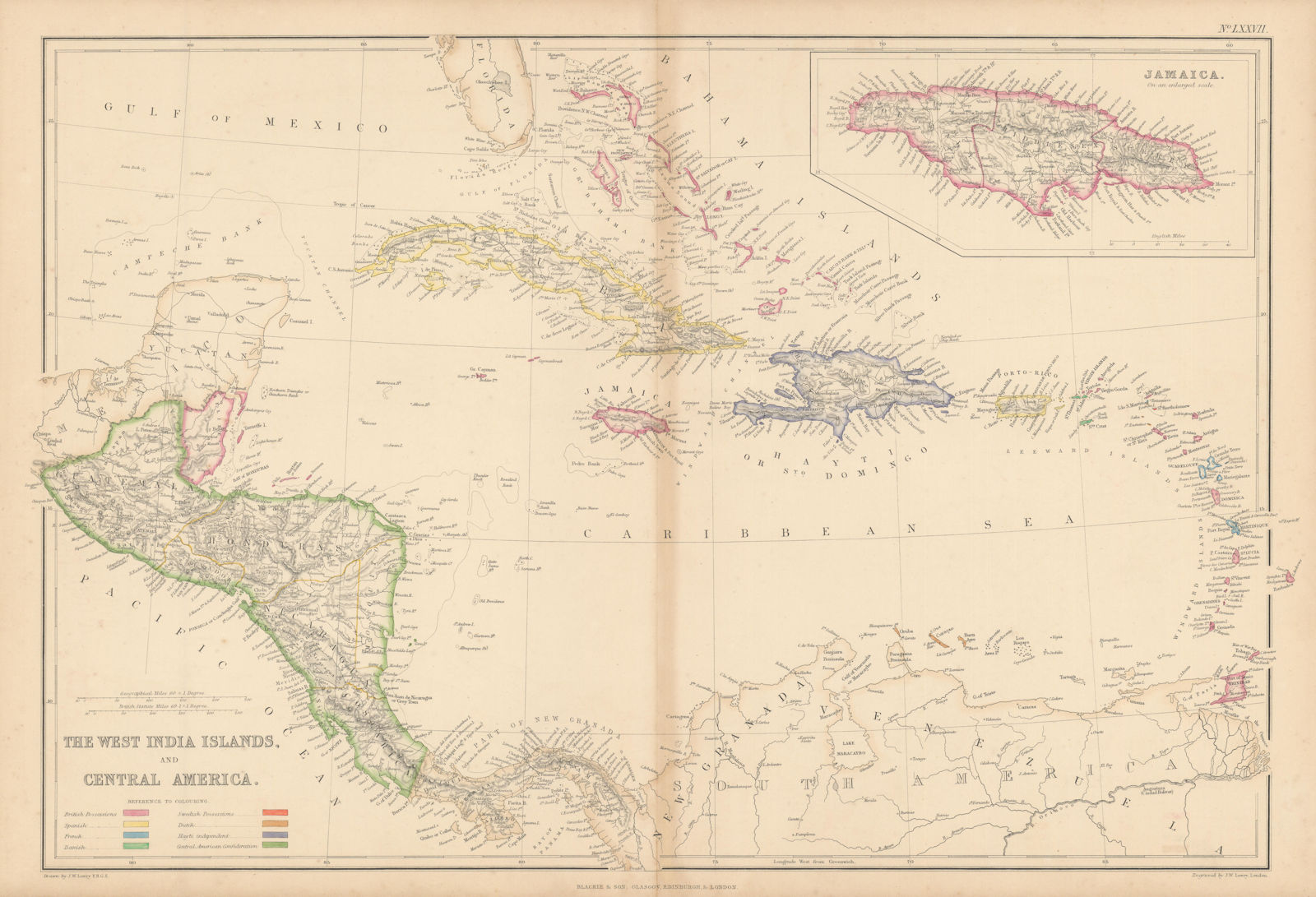 The West Indies and Central America. Jamaica & Caribbean. LOWRY 1860 old map