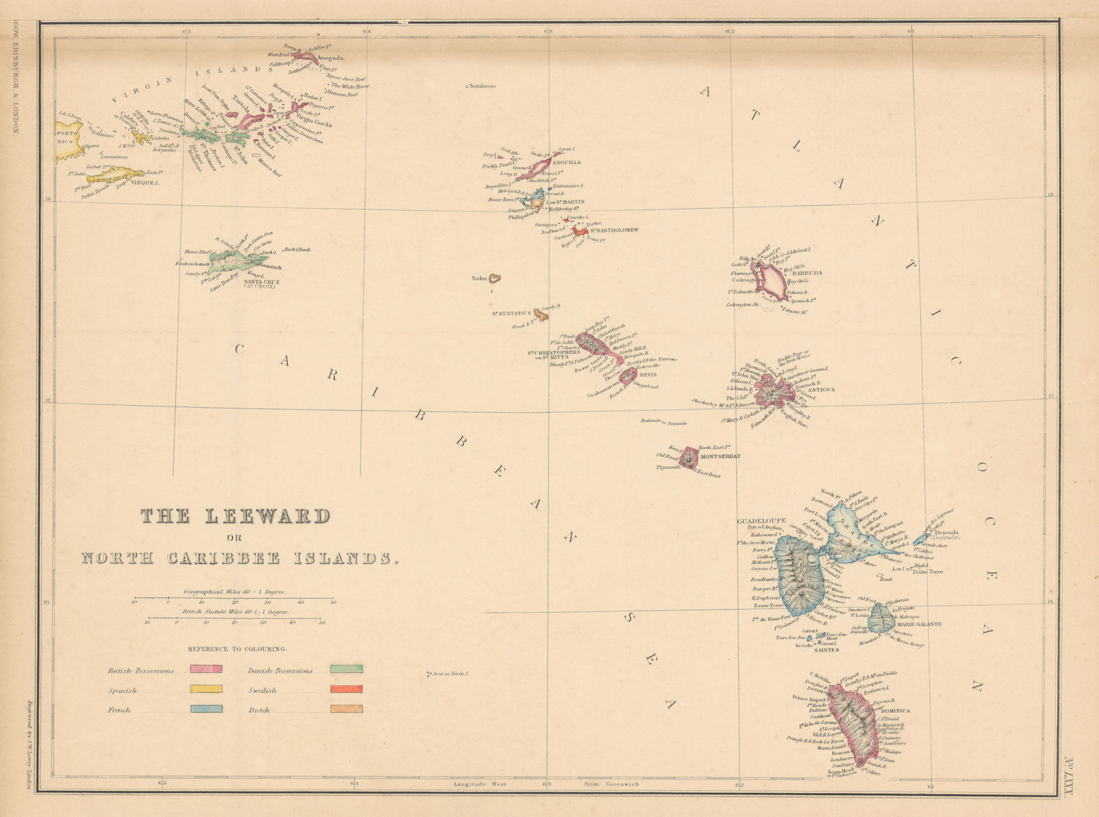 Leeward or North Caribbean Islands. Virgin Is. Antigua St. Kitts. LOWRY 1860 map