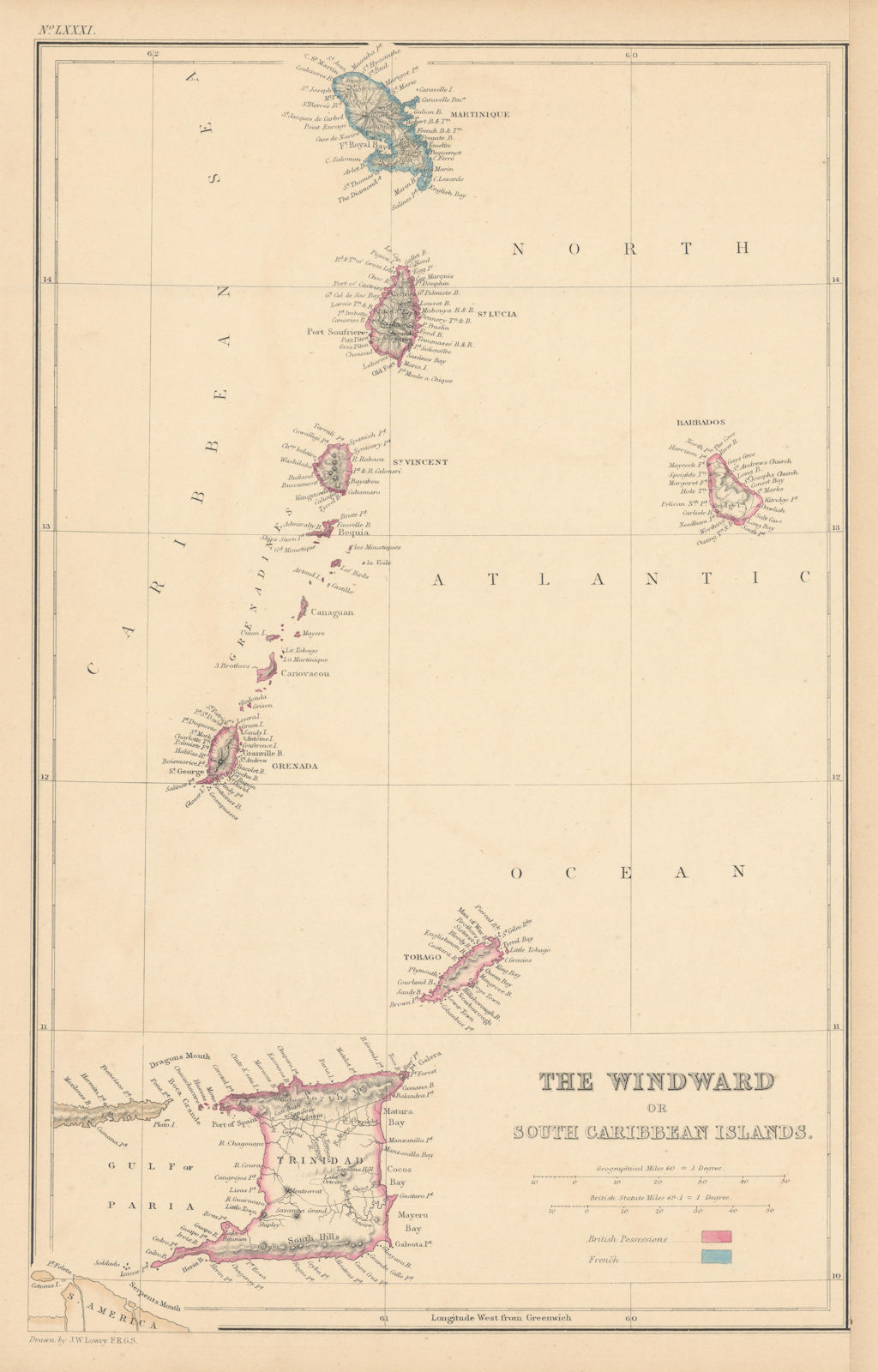 Windward or South Caribbean Islands. Barbados St. Lucia Trinidad. LOWRY 1860 map