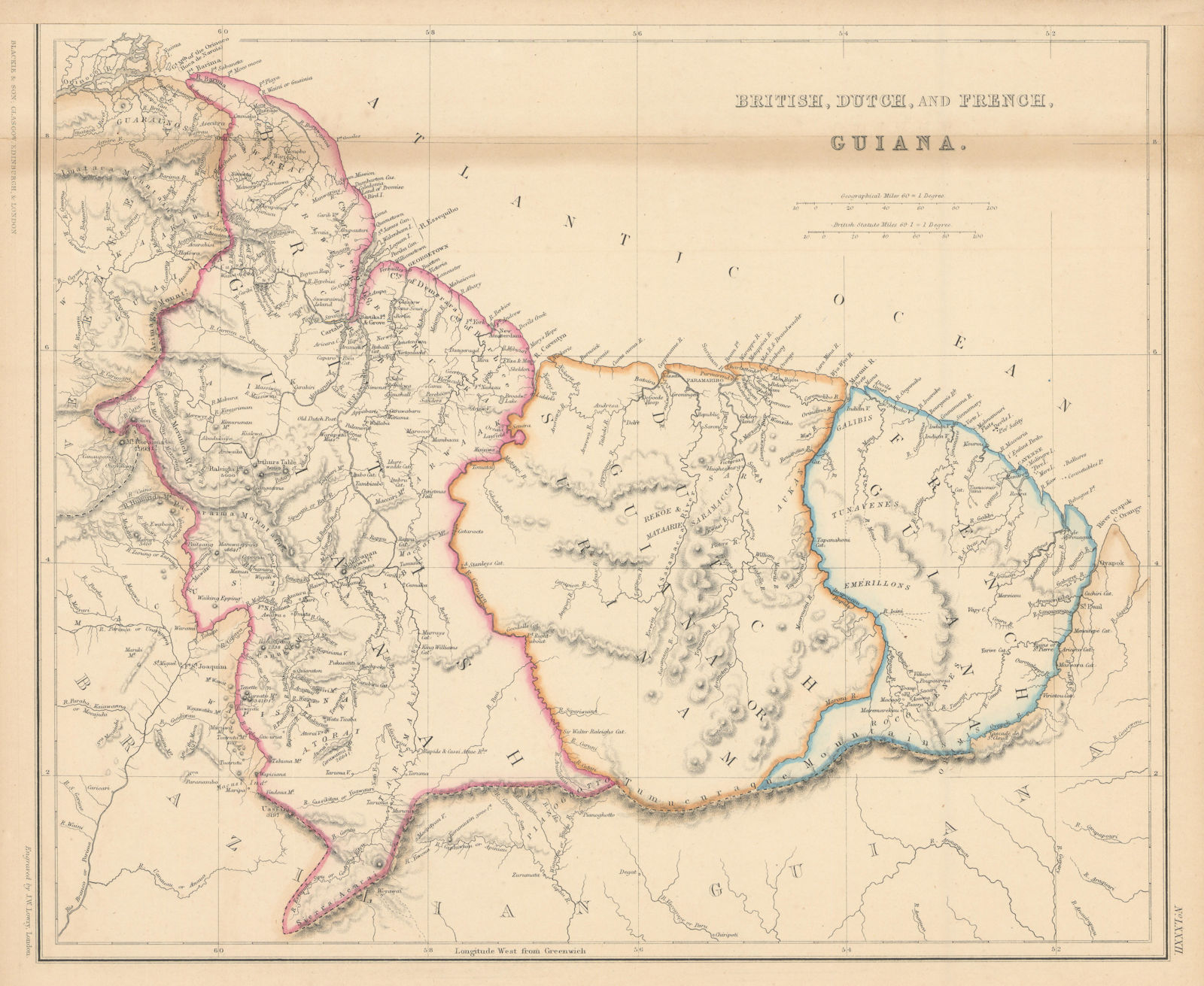 British, Dutch & French Guiana. Suriname Guyana. LOWRY 1860 old antique map