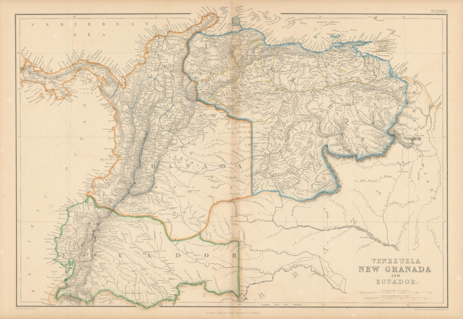 Venezuela, New Granada & Ecuador by J.W. Lowry. Colombia 1860 old antique map