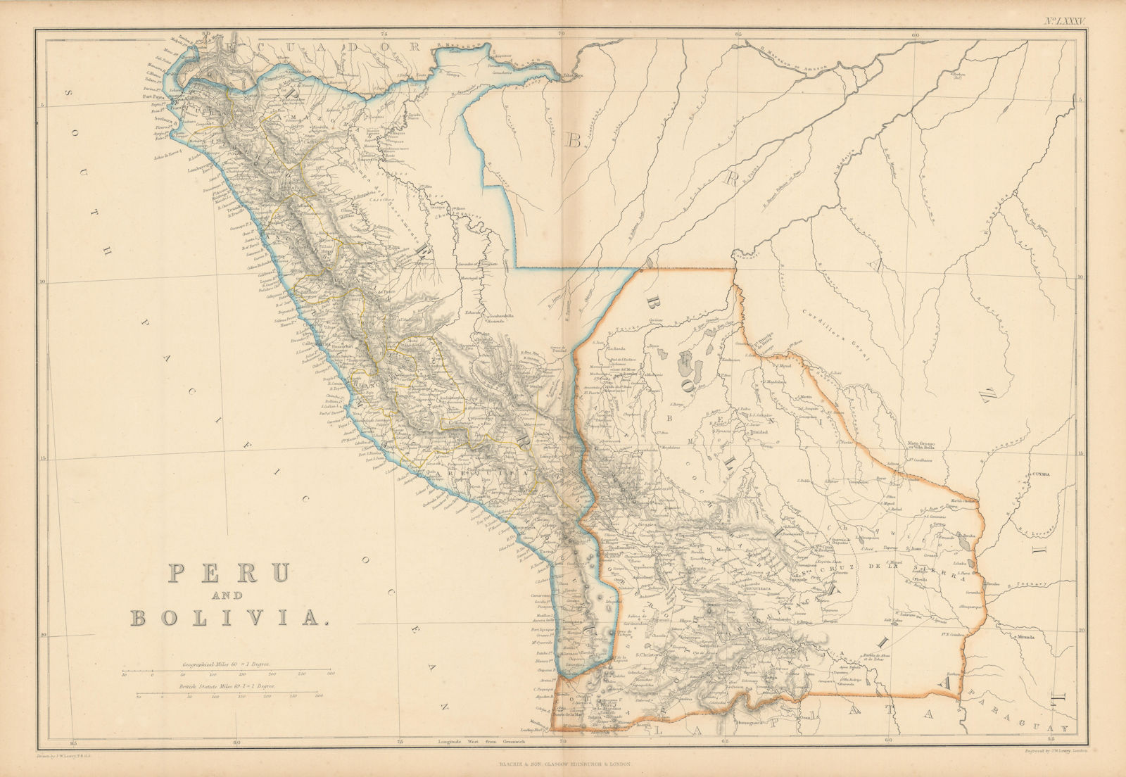 Peru and Bolivia (with Litoral) by Joseph Wilson Lowry 1860 old antique map