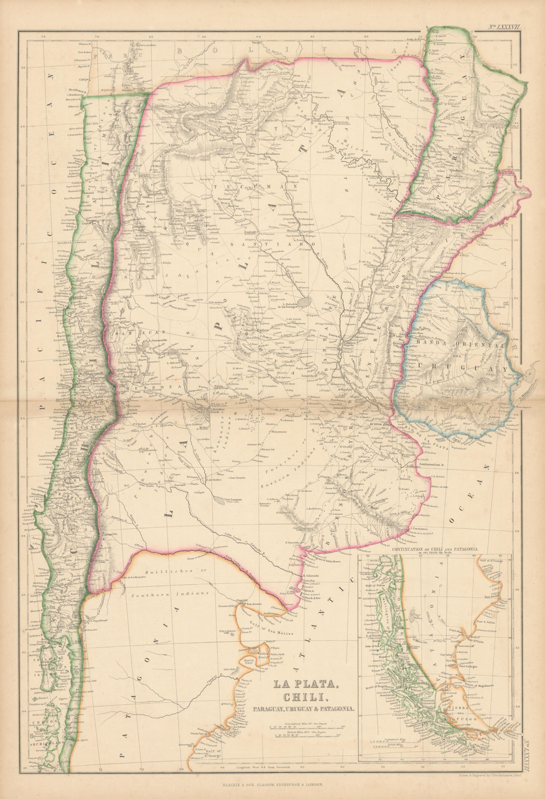 La Plata, Chili, Paraguay, Uruguay… Argentina Chile. BARTHOLOMEW 1860 old map