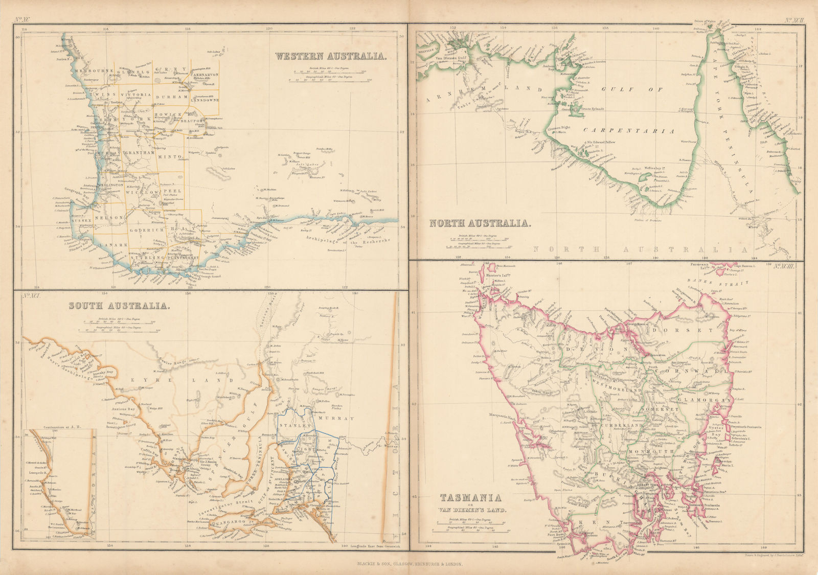 Western, South, North Australia. Tasmania Van Diemen's Land BARTHOLOMEW 1860 map