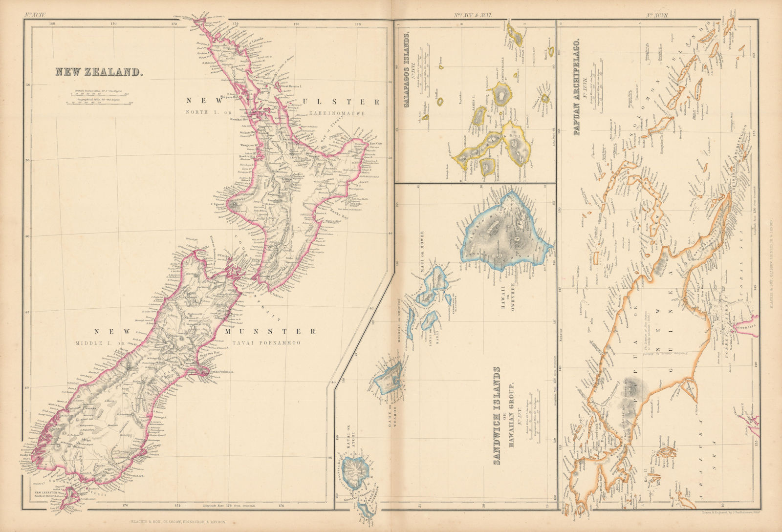 New Zealand Sandwich Galapagos Islands. Papuan Archipelago. Melanesia 1860 map