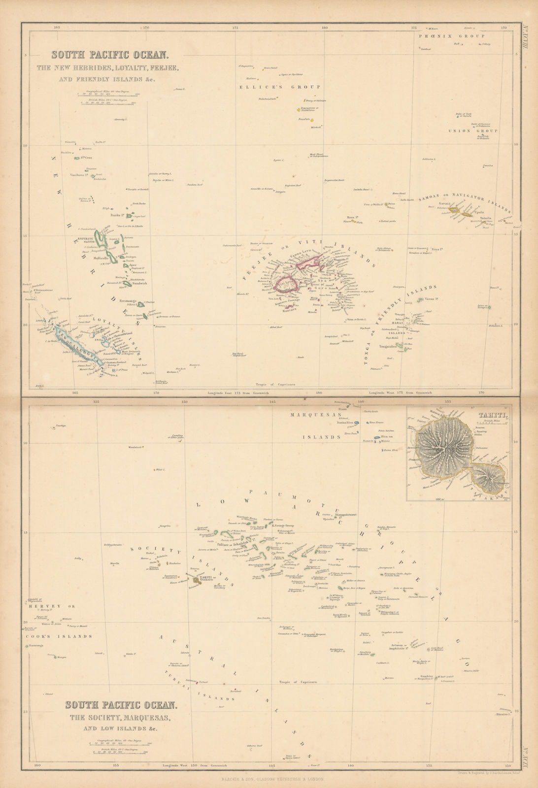 South Pacific Islands. New Hebrides Loyalty Fiji Friendly Polynesia 1860 map