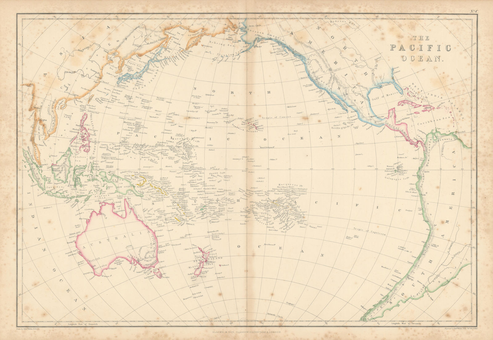 The Pacific Ocean by Edward Weller. Polynesia Micronesia Melanesia 1860 map