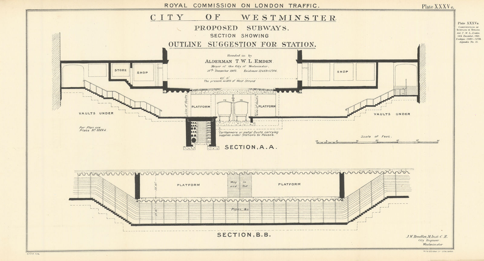 London Traffic Royal Commission proposed Strand tramway station section 1906 map