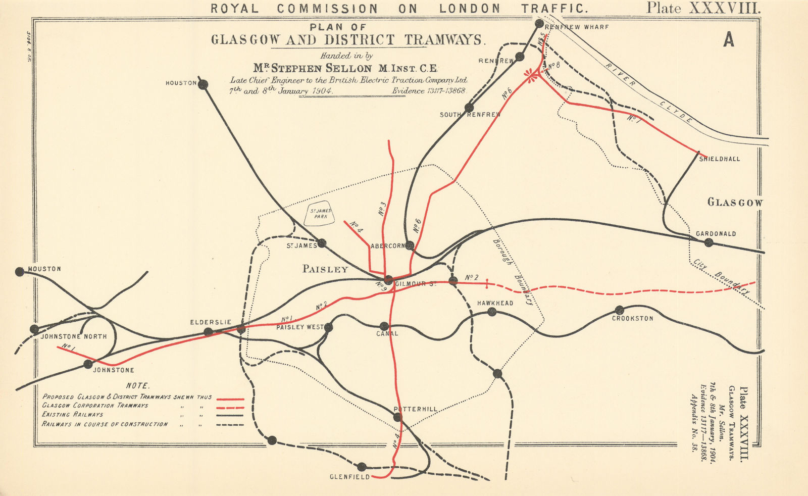 Plan of the Glasgow and district tramways & railways. Proposed/UC 1906 old map