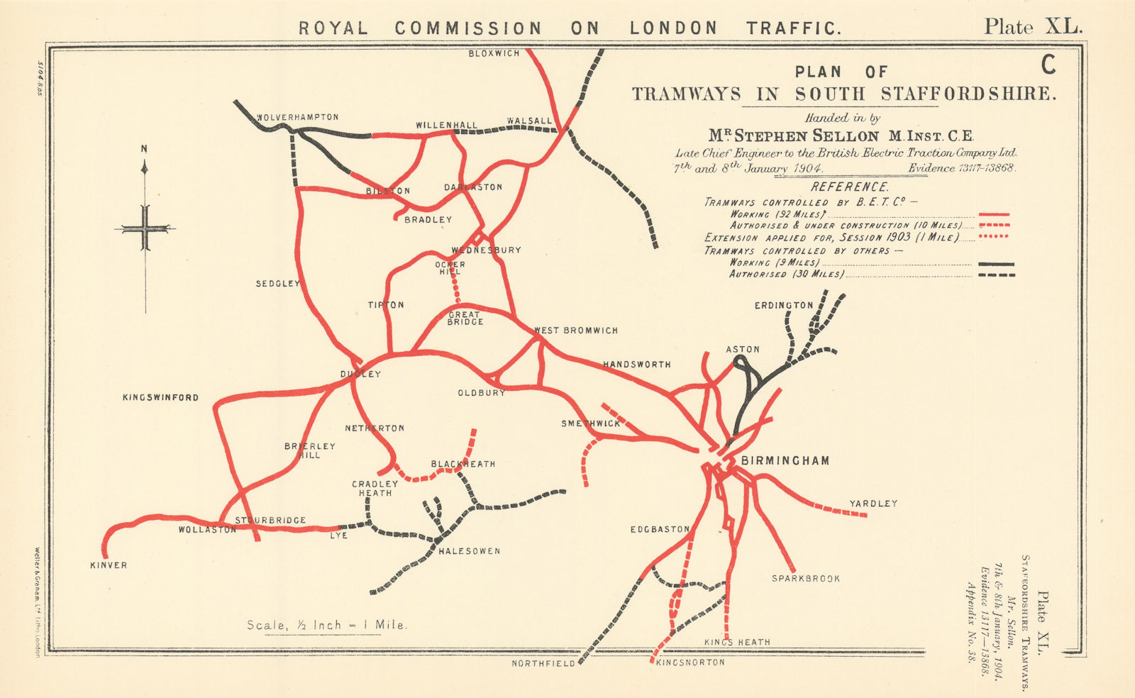 Plan of the tramways in South Staffordshire. Working & authorised 1906 old map