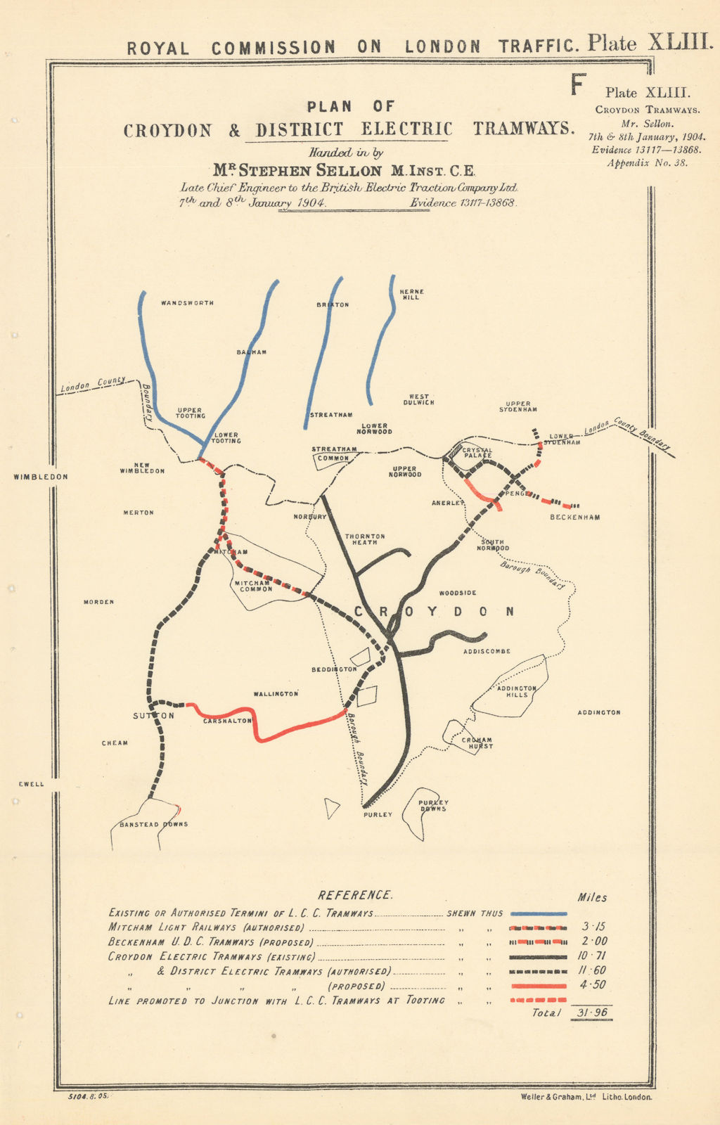 Plan of the Croydon and District Electric Tramways 1906 old antique map chart