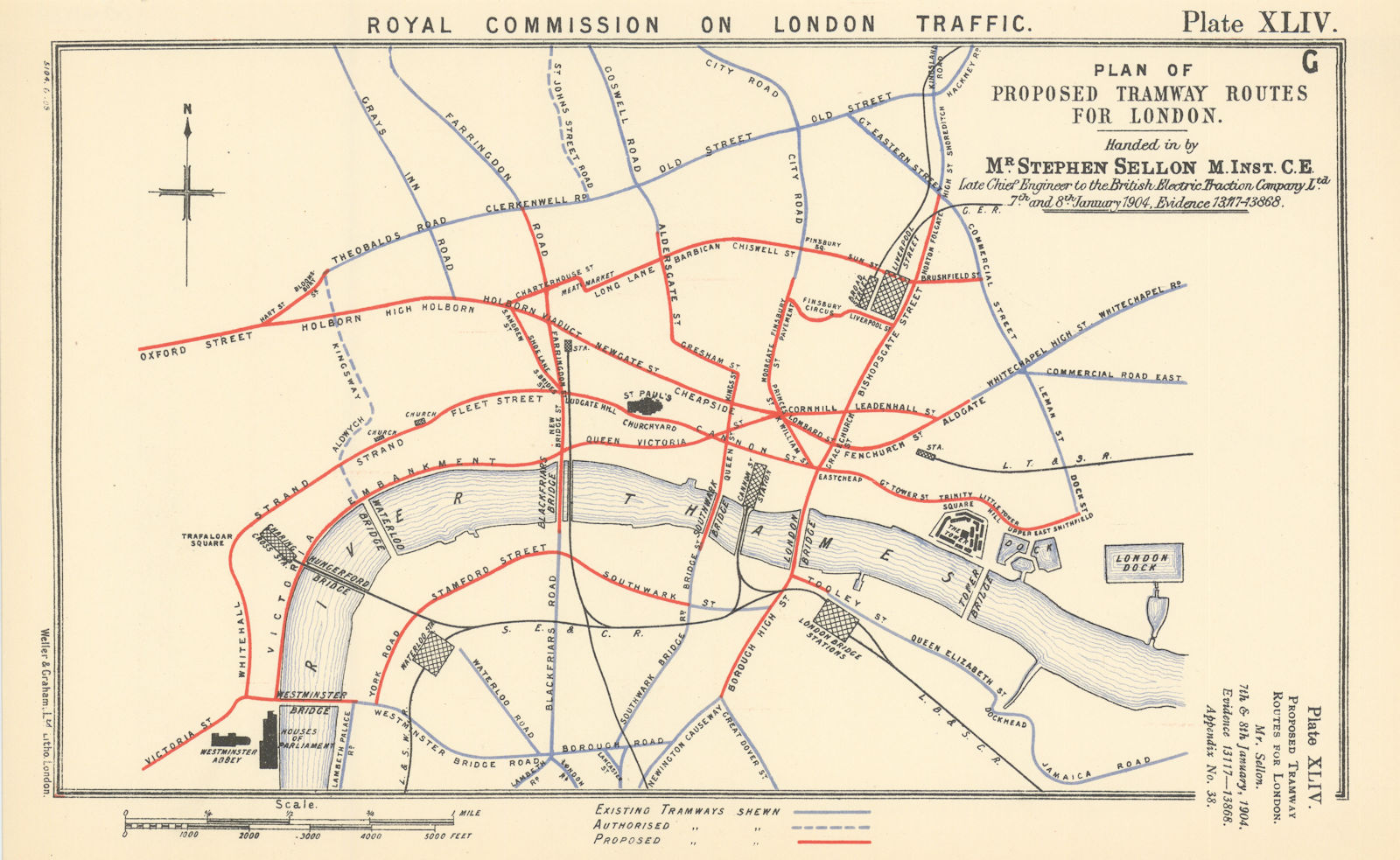 Royal Commission on London Traffic. Plan of proposed tramway routes 1906 map