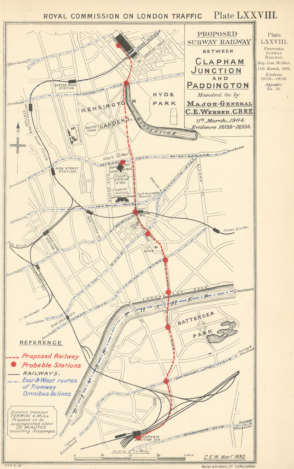 Proposed underground tube railway between Clapham Junction & Paddington 1906 map