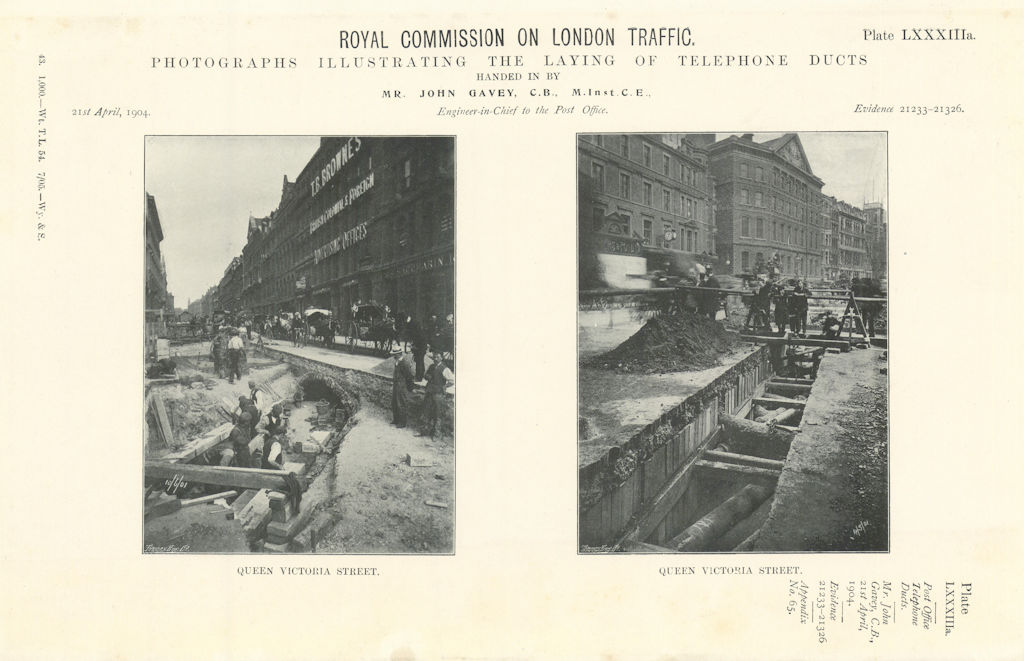 Associate Product Royal Commission. Laying telephone ducts in Queen Victoria Street 1906 print