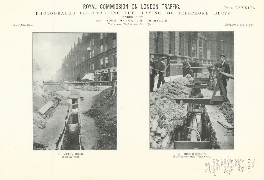 Associate Product Royal Commission. Laying telephone ducts in Old Broad Street & Brompton Rd 1906