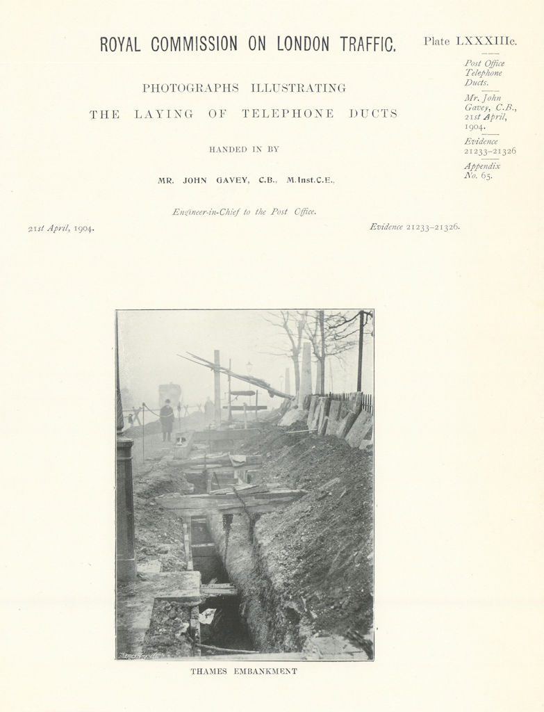 Associate Product Royal Commission. Laying telephone ducts in Thames Embankment 1906 old print