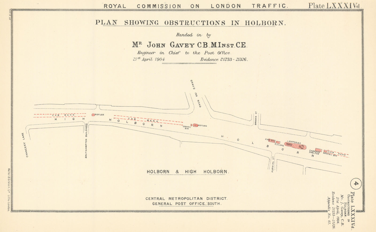 Associate Product London Traffic Royal Commission. Plan showing obstructions in Holborn 1906 map