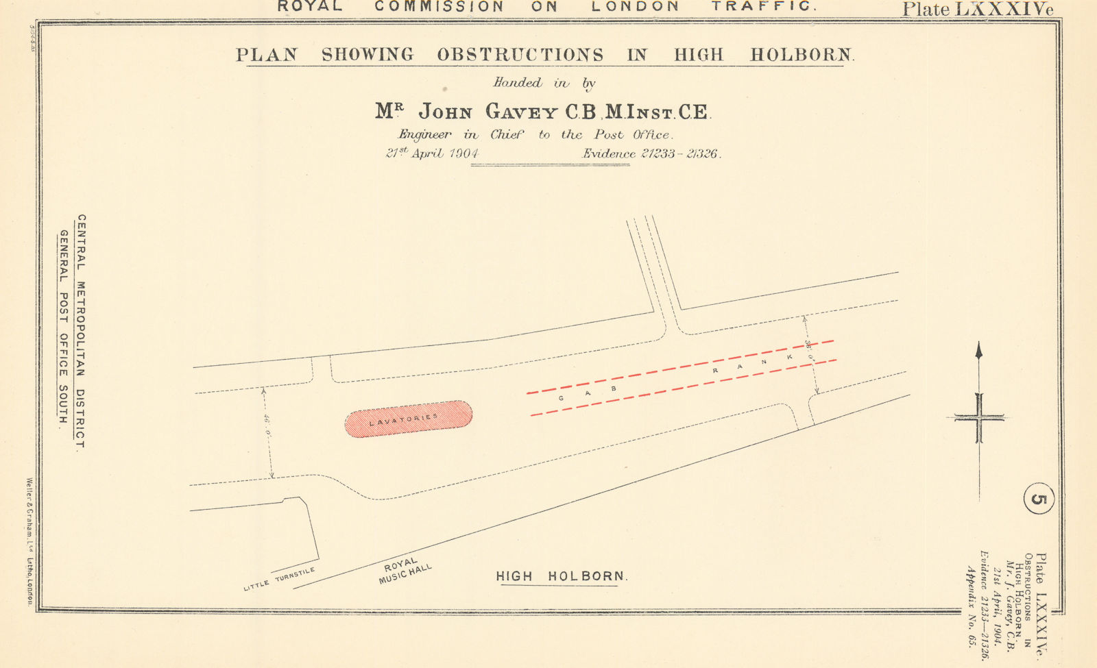 Royal Commission on London Traffic. High Holborn obstructions. Cab rank 1906 map